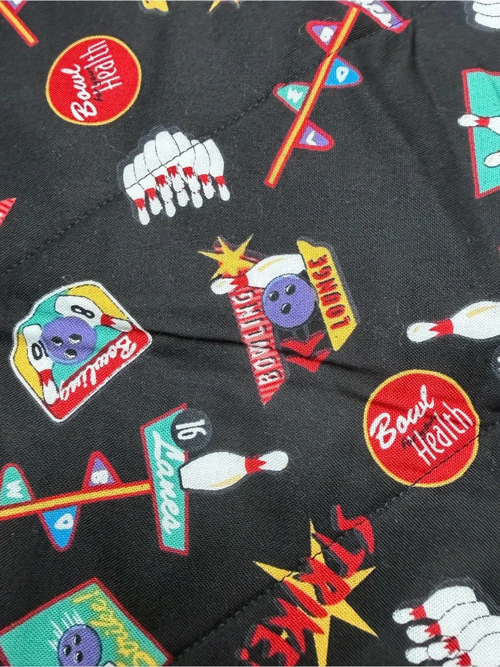 set of 4 handmade double sided placemats features a bowling theme 19”x13”